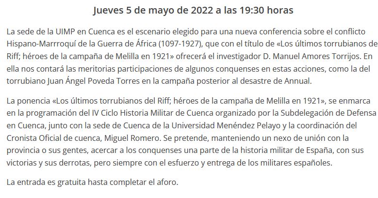 Los últimos torrubianos del Riff por Manuel Amores hoy en Cuenca